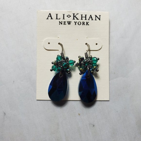 Ali Khan blue cluster stone silver fish hook dangle earring - Picture 4 of 4